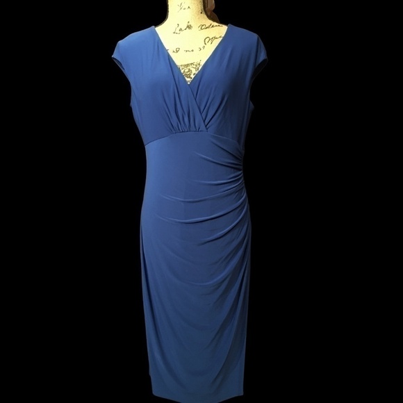 𝅺LAUREN RALPH LAUREN Empire Ruched CAP SLEEVE Dress, Pre-owned, ROYAL BLUE,10 - Picture 1 of 7